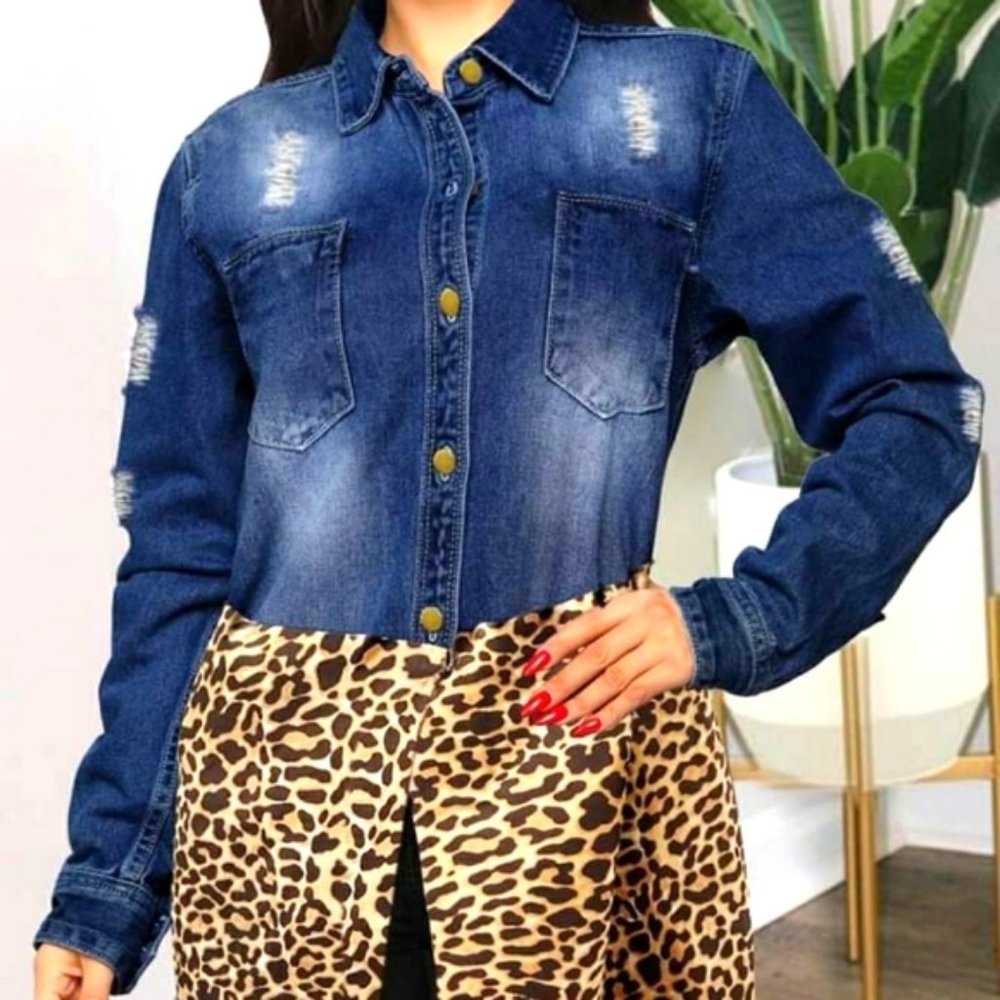 Brand New Denim Jacket with Leopard Print Panel